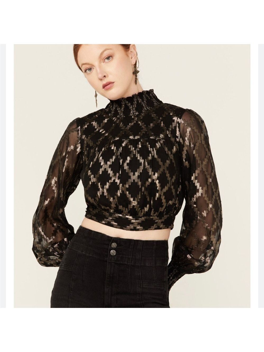En creme lack gold metallic funnel neck sheer sleeve open tie back crop blouse S